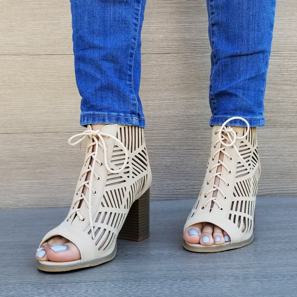 Open Toe Laced Up Spring Cut Out Ankle Booties - P - Picture 4 of 8